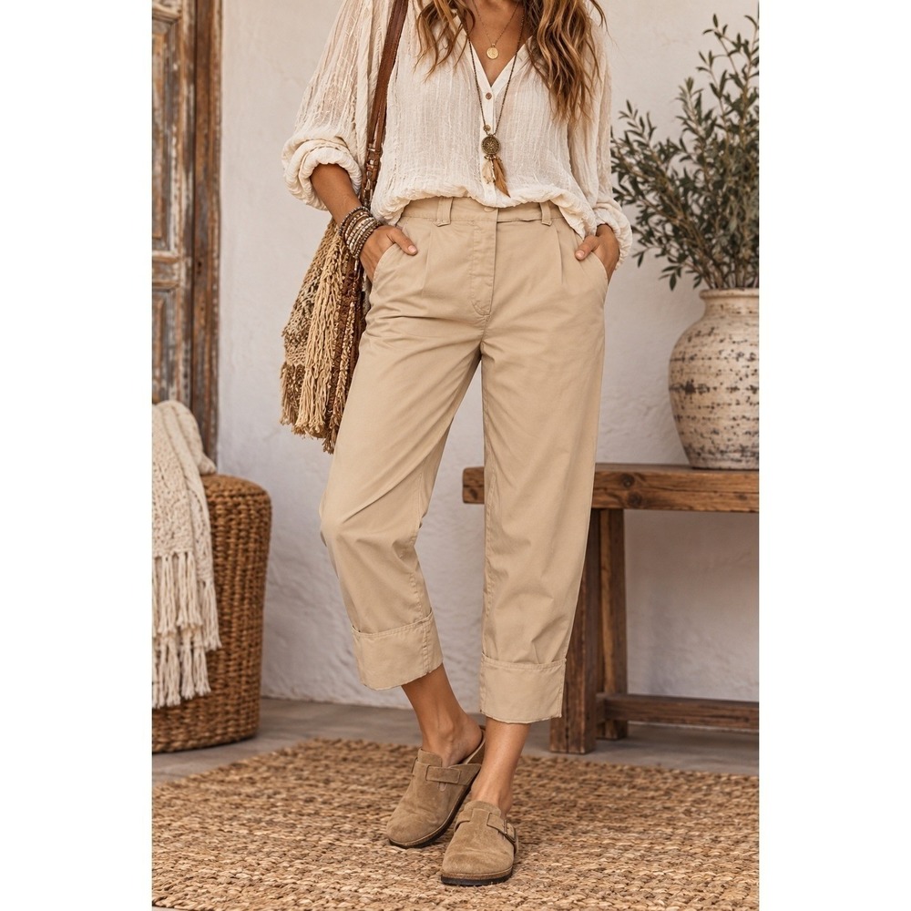 By Anthropologie High-Cuff Chino Pants Khaki Tan Size 6 NWOT $150